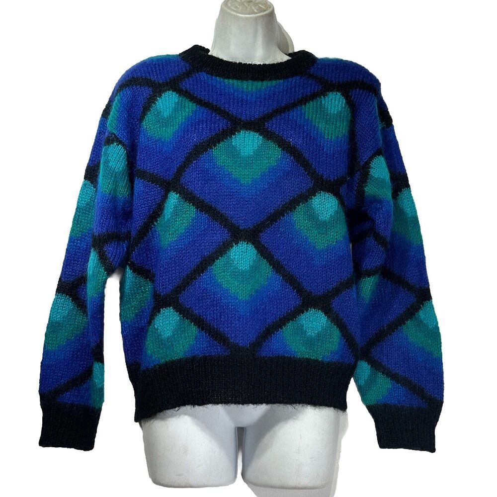 Vintage Blass Sport Fuzzy Mohair Diamond blue Sweater Size M
